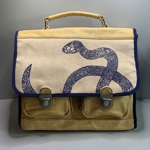 Laptop backpack/briefcase bag. Mustard/tan/navy blue  canvas with snake print.